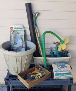 lot 847 image: Foam mold & plastic Planters, Metal Trellis, Weed barrier, water wands, Flower sprinkler, Edging, Metal stake sprinklers, sprayers
