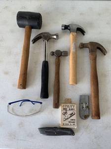 lot 873 image: Hammers, Rubber Mallet, Utility knife with blades, safety glasses