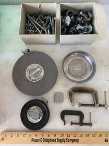lot 881 image: Parts bins with NutsBolts & washers, magnetic parts holder, Measuring tapes, C Clamps