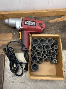 lot 901 image: Chicago Electric 12in Impact Wrench, 21 Pittsburgh Impact sockets