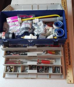 lot 921 image: Plano Portable Tackle box with Plumbing & electrical supplies, hardware & tools