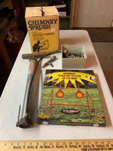 lot 943 image: Air pump, Spinner Targeting System, Sprinkler & hose parts, gas connector, Chimney Brush