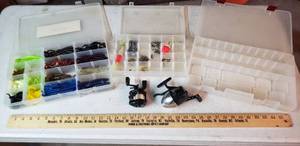 lot 971 image: 3 Flat Tackle boxes with contents & 2 Reels