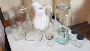 lot 614 image: Vintage Storage jars, Ceramic pitcher, Milk bottle, Butter Cover, lidded jars - bring boxes to load out