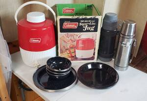 lot 619 image: Camping Items Coleman Snow-Lite Jug, 2 Thermos and Metal Dinner Plates & Bowls
