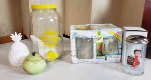 lot 620 image: Sun Tea Jug, Ball Jar Mugs, Betty Boop Sugar Shaker, Apple jelly jar, Milk glass Pineapple Honey Jar - bring boxes