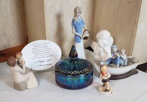 lot 626 image: Glazed Ceramic Figurines, Carnival glass candy dish, Anniversary plaque, Willow Tree Grandmother, Hummel School.Boy