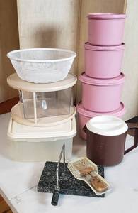 lot 637 image: Rubbermaid & Lamarle Food Storage containers, lazy Susan, wire strainer, Cheese stone - bring boxes