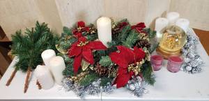 lot 649 image: Holiday Centerpiece, pine branches, column candles, Water globe, silver pinecone picks, red candles in glasses