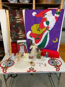 lot 656 image: Holiday Decor - Angels, Santa Flag, Runners, Music Boxes