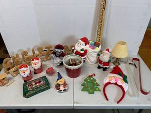 lot 661 image: Holiday Decor - Wood Christmas Train, Vintage ornaments Planter, Cookie Jar, Mini lamp