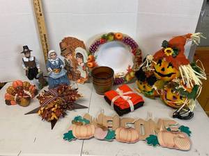 lot 665 image: FallHalloween Decor - Hand towels, Serving bowl, Pilgrim couple, planter