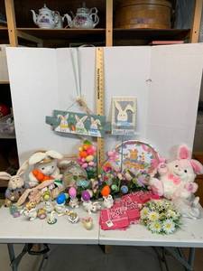 lot 669 image: Easter Decor - Bunnies, Plush, bandanas, Porcelain Rabbit, Framed art, tin