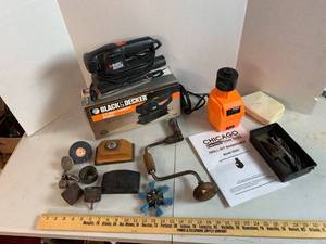 lot 714 image: Chicago Drill Bit Sharpener, Large bits, Vintage Hand Drill, Black & Decker Sander, Sanding blocks, Hole cutting & grinder bits