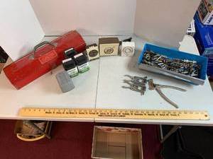 lot 722 image: Sheet metal Tools, Timers, 6Volt batteries, Junction box, True test toolbox