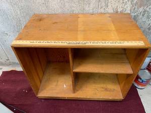 lot 726 image: Wood storage cabinet on casters- in basement, bring help to move & load