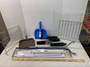 lot 735 image: Flag pole, Cherry Picker, Dust pans, hand broom, Sprayer heads, racks