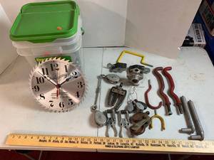 lot 741 image: Bucket of screws, bolts, fasteners, Shop Clock, pulleys, hanger hooks, Gate bolts