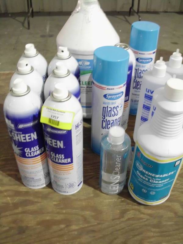 lot 1757 image: 7 Cans Hi Sheen CRL Industrial Glass Cleaner Skill Craft 1 qt glass, Theochem 1 Gallon 2-spray away 19 oz 3 Bottles Uvex