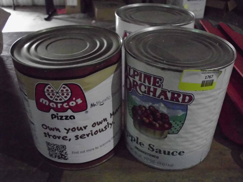lot 1767 image: 2 Cans 6 lbs 10 oz Alpine Orchard Unsweetened Apple Sauce 1#10 Can of Marcos Pizza Sauce