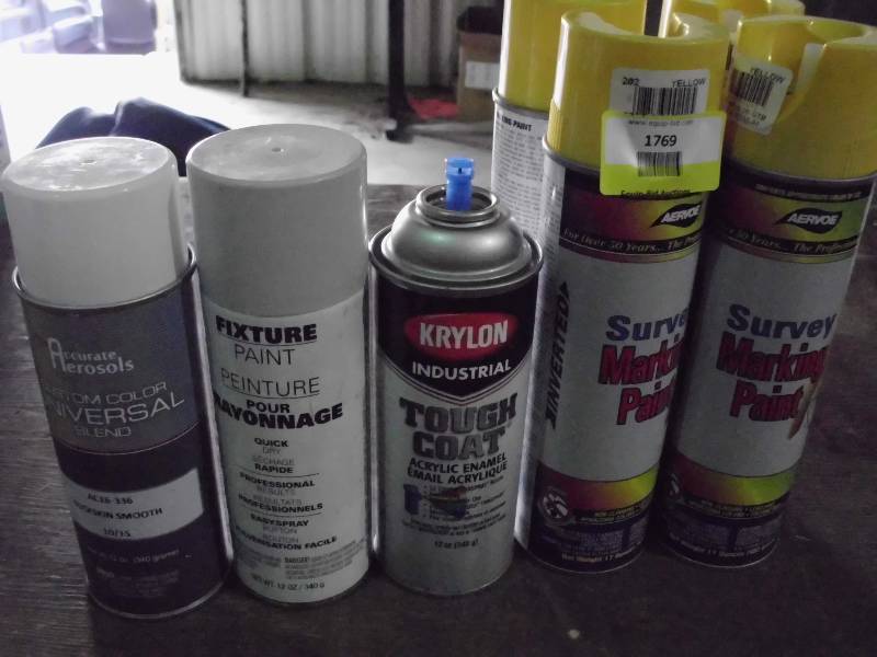 lot 1769 image: Marking Paint 4 17 oz Cans Yellow 1-12 0z Krylon, 1 Grey  Fixture Paint, 1 Buckskin Smooth
