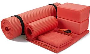 lot 4092 image: BalanceFrom GoYoga 7-Piece Set - Include Yoga Mat with Carrying Strap, 2 Yoga Blocks, Yoga Mat Towel, Yoga Hand Towel, Yoga Strap and Yoga Knee Pad (Red, 12-Thick Mat)