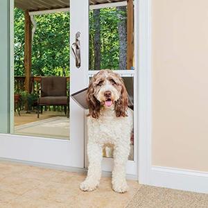 lot 5137 image: PetSafe 1-Piece Sliding Glass Door for Dogs and Cats - Adjustable 76 1316 in to 80 1116 in - Extra-Large, White - No Cutting DIY Installation - Patio Pet Door Great for Apartments and Rentals