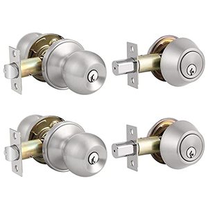 lot 6116 image: 2 Pack Entry Door Knobs with Double Cylinder Deadbolt, Same Keys One Keyway Door Handlesets, Satin Nickel Finish-Keyed on Both Side