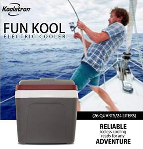 lot 6155 image: Koolatron Fun Kool P25 Thermoelectric Iceless 12V Electric Cooler, 24L  26 Quart Capacity, For Camping, Travel, Truck, SUV, Car, Boat, RV, Trailer, Tailgating, Made in North America