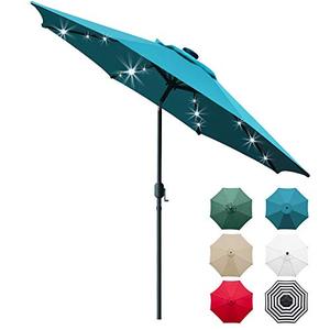 lot 26154 image: Sunnyglade 9 Solar 24 LED Lighted Patio Umbrella with 8 RibsTilt Adjustment and Crank Lift System (Teal Blue)
