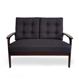 lot 36417 image: Christopher Knight Home Athena Mid Century Waffle Stitch Tufted Accent Loveseat with Rubberwood Legs-Black and Walnut Finish