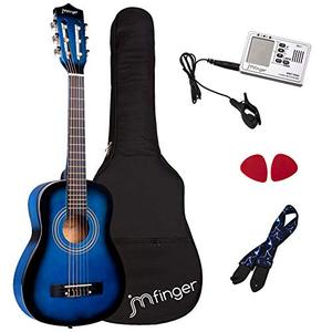 lot 36451 image: JMFinger Beginner Classical Guitar 30 Inch Kids Nylon Strings Guitar with Gig Bag, Strap, Picks, 3 in 1 Metronome & Tuner, Blueburst
