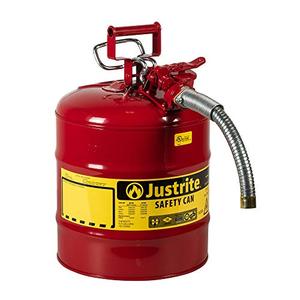 lot 36454 image: Justrite 5 Gallon Red AccuFlow Galvanized Steel Type II Vented Safety Can With Stainless Steel Flame Arrester And 1 Metal Hose (For Flammable Liquids)