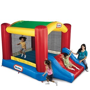 lot 36463 image: Little Tikes Jump n Slide Bouncer with Arched Canopy Overhead Cover, Plus Heavy Duty Blower, Stakes, Repair Patches, and Storage Bag  3-Kid Capacity, Ages 3-8 Years, 144.00 L x 108.00 W x 72.00 H Inches