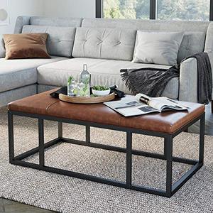 lot 36466 image: Nathan James Nelson Coffee Table Ottoman, Living Room Entryway Bench with Faux Leather Tuft Iron Frame, Warm BrownBlack