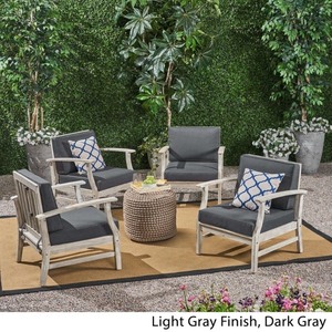 lot 1905 image: Perla Outdoor Acacia Wood Club Chair with Cushion Brushed Light Grey Wash Dark Grey Cushion (Set of 2) -Retail $230.99