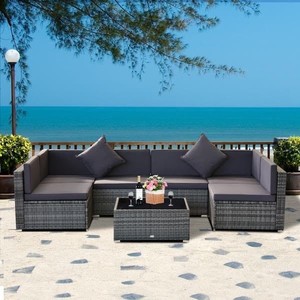 lot 1932 image: PARTIAL This IS NOT a complete set, this is box number 3 of 3 boxes Siara 7-piece Rattan Wicker Sectional Patio Set by Havenside Home - Grey Retail $829.49