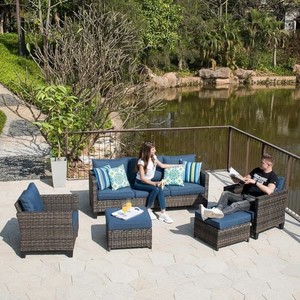 lot 1948 image: PARTIAL- BOX 1 CONTAINS Three Seat Sofa &amp 2 Ottomans (Goes with Ovios 5-piece Outdoor High-back Wicker Sectional Set - Blue -Retail $898.72)