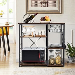 lot 1953 image: Costway Industrial Kitchen Bakers Rack Microwave Stand Utility Storage Shelf W 6 Hooks Steel Black -Retail $112.39