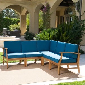 lot 1965 image: PARTIAL Perla Corner Chair Only (Goes with Perla Outdoor 5-pc. Cushioned Acacia Chat Set by Christopher Knight Home - Blue -Retail $1337.99)