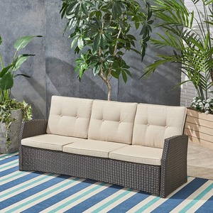 lot 1960 image: Christopher Knight Home Amigo Outdoor 3 Seater Wicker Sofa, Dark Brown with Beige Cushions -Retail $434.16