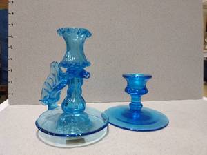 lot 1005 image: Vidrierias Gordiola electric blue candle holder with other blue candle holder