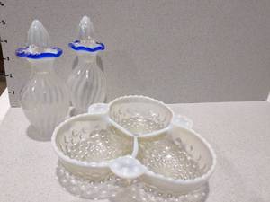 lot 1007 image: Fenton blue ridge perfume bottles with Fenton hobnail divided dish