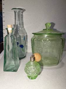 lot 1008 image: Green depression glass cracker jar with 1930s art deco perfume bottle