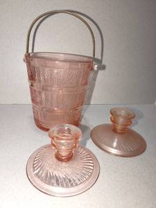 lot 1012 image: Pink depression brass handled ice bucket with candlesticks