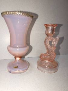 lot 1015 image: Bohemia crystal vase with Cambridge pink depression candle holder