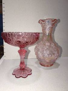lot 1017 image: Lenox Imperial pink carnival glass vase with Fenton cabbage rose cranberry glass pedestal dish