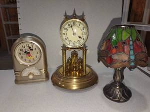 lot 1098 image: German clock with Mickey Mouse Seiko clock and stained glass lumineer lamp