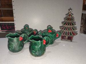 lot 1106 image: Lefton holly creamer and sugar bowls with iron Christmas tree candle holder