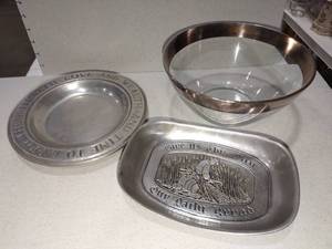 lot 1141 image: Wilton Colombia pewter dishes with silverplate rimmed bowl